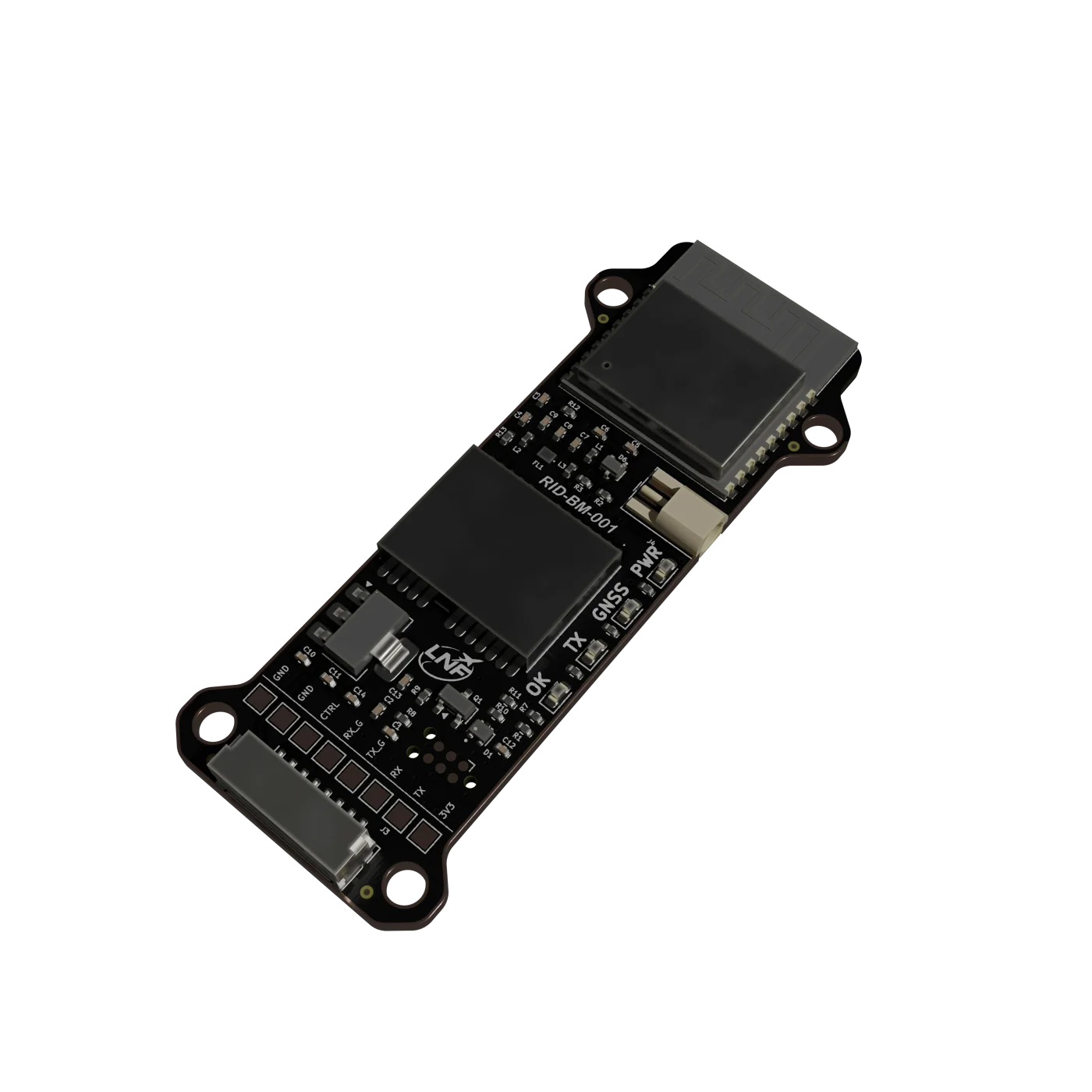 Render of the LNF Remote ID broadcast module circuit board and enclosure