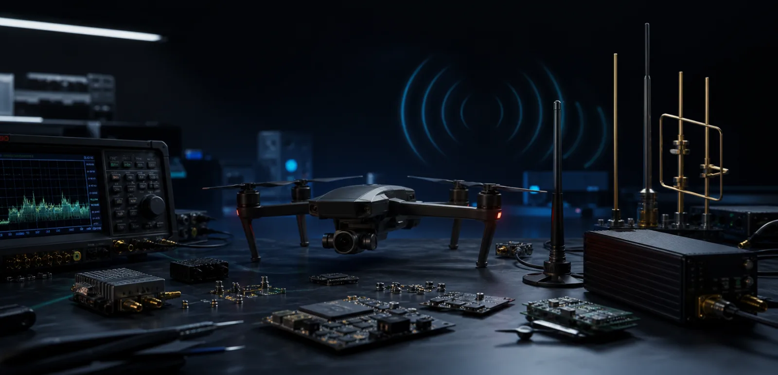 Drone, RF antennas, circuit boards, and communications test equipment on an engineering bench